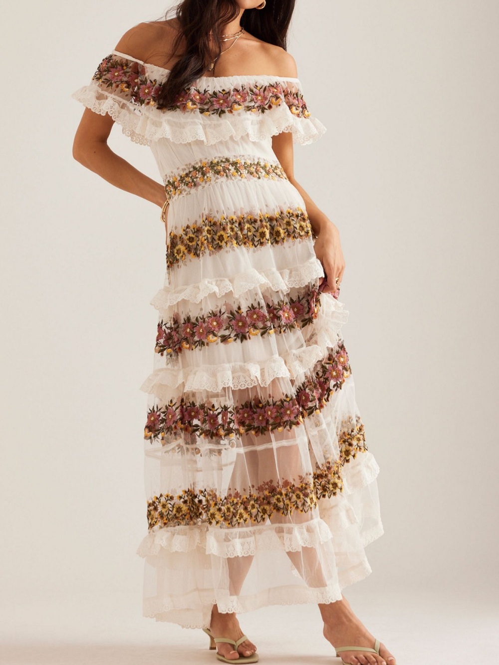 NWOT Anrhropologie Ruffle-Sleeve V-Neck Embroidered Tulle Tiered Maxi Dress